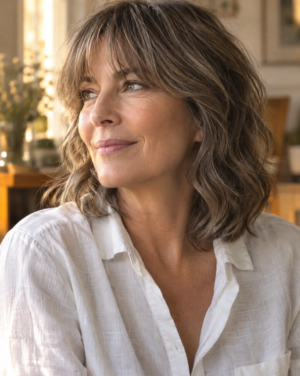 Woman over 50 with tousled medium-length hair and a soft French fringe at eyebrow level, wearing a white linen shirt