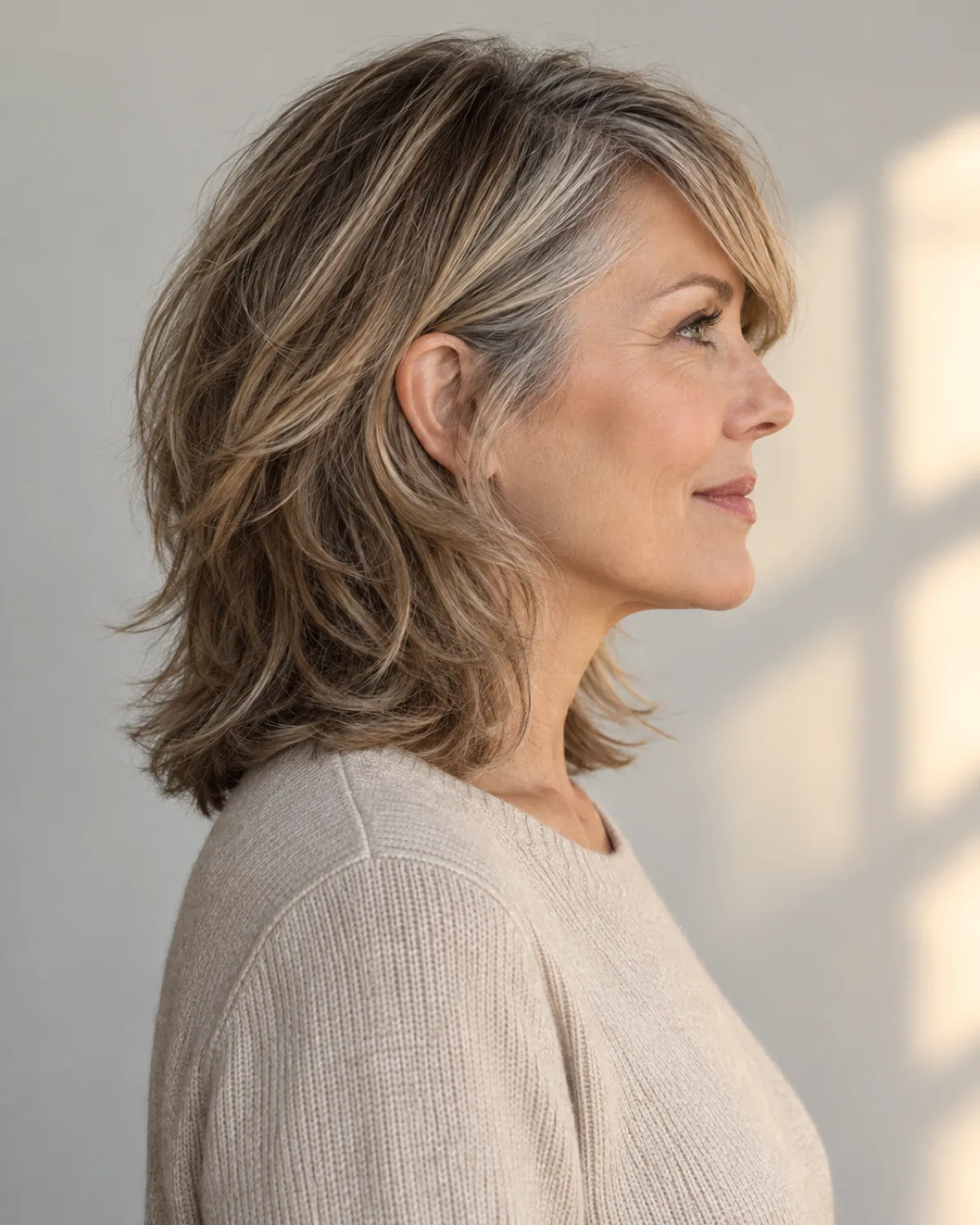 Woman over 50 in profile with a layered shag and side-swept bangs falling diagonally across the forehead