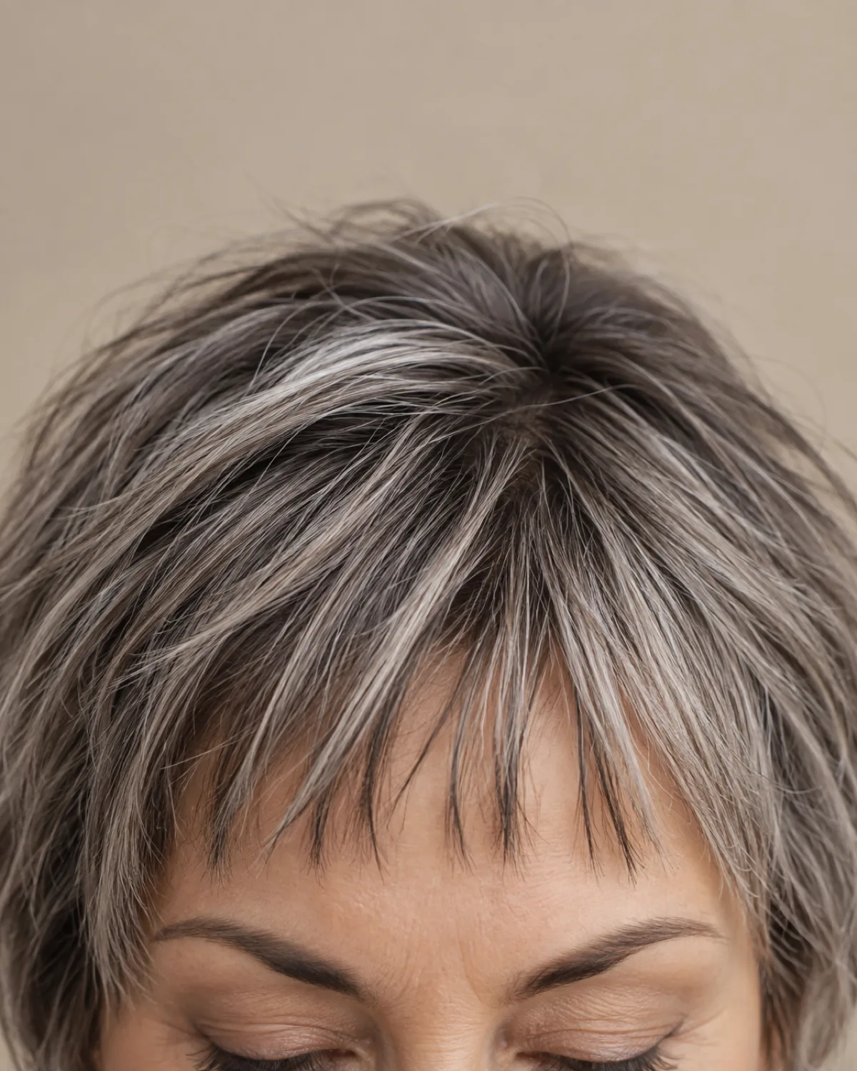 Close crop of salt-and-pepper micro bangs with visible strand separation on a textured bob