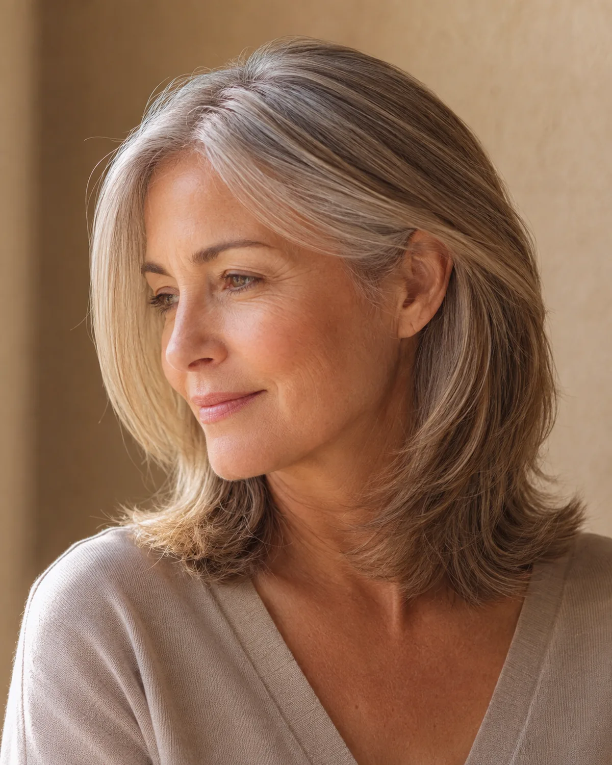 Mature woman in three-quarter turn with classic medium layers starting at the chin and blending smoothly to the shoulders, hair tucked behind one ear