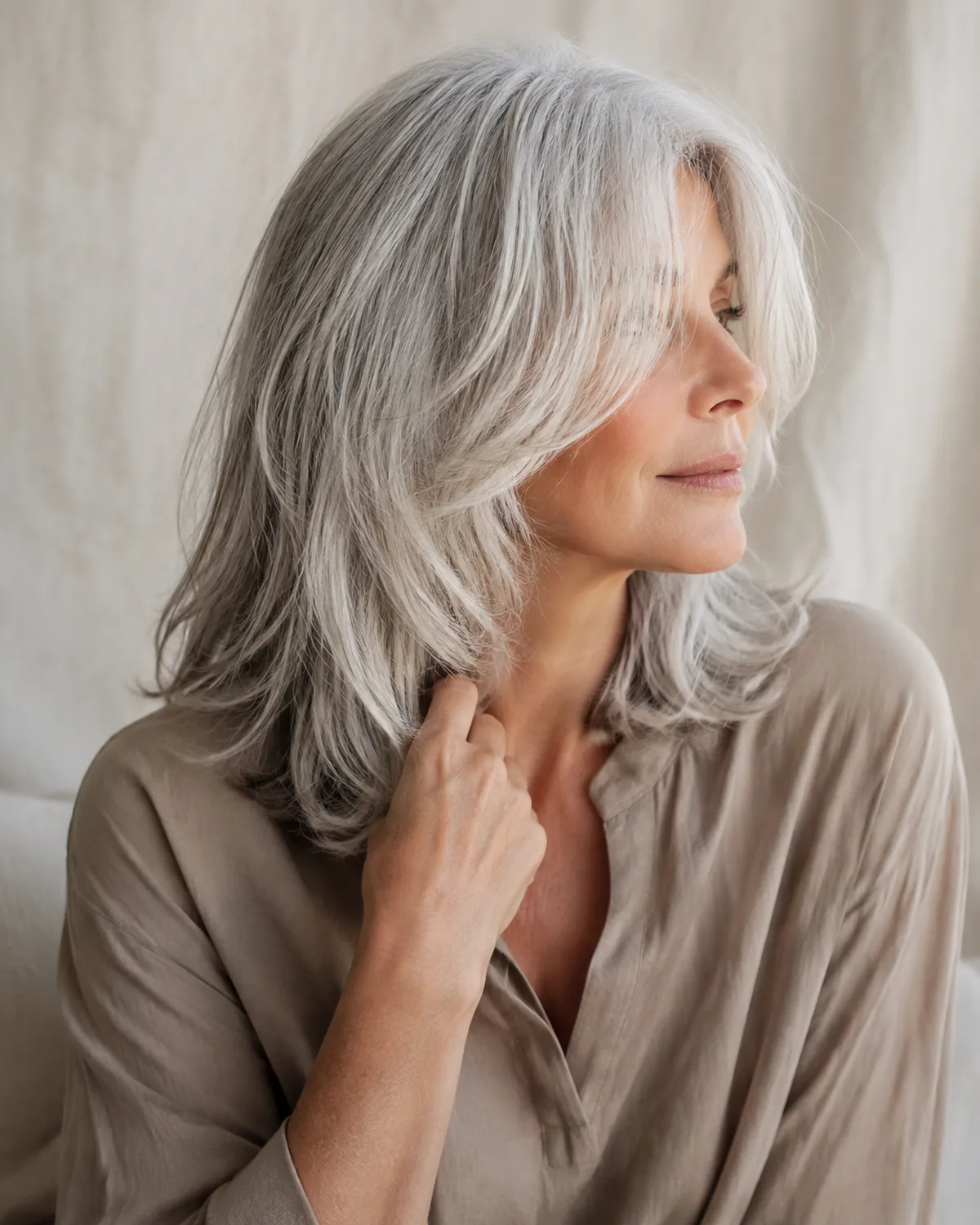 Mature woman with naturally silver-white hair in a seated three-quarter turn, curtain-shaped layers framing the face with visible movement