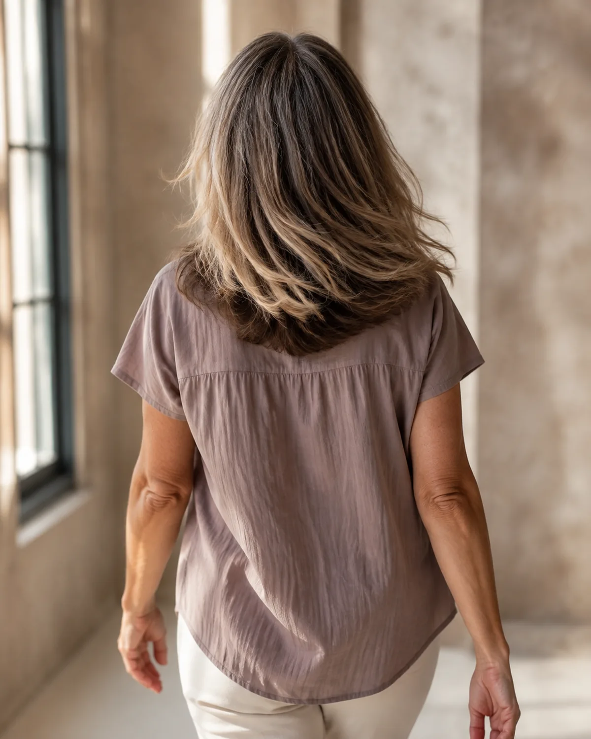 Mature woman walking away, shot from behind, lighter colour pieces visible at the front sections near the face contrasting with the deeper base colour at the back