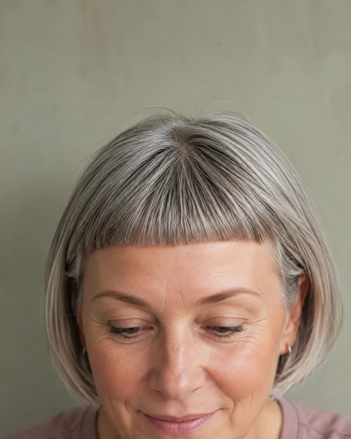 Close crop on the forehead and fringe area of a mature woman with a chin-length French bob and very short micro bangs sitting high on the forehead
