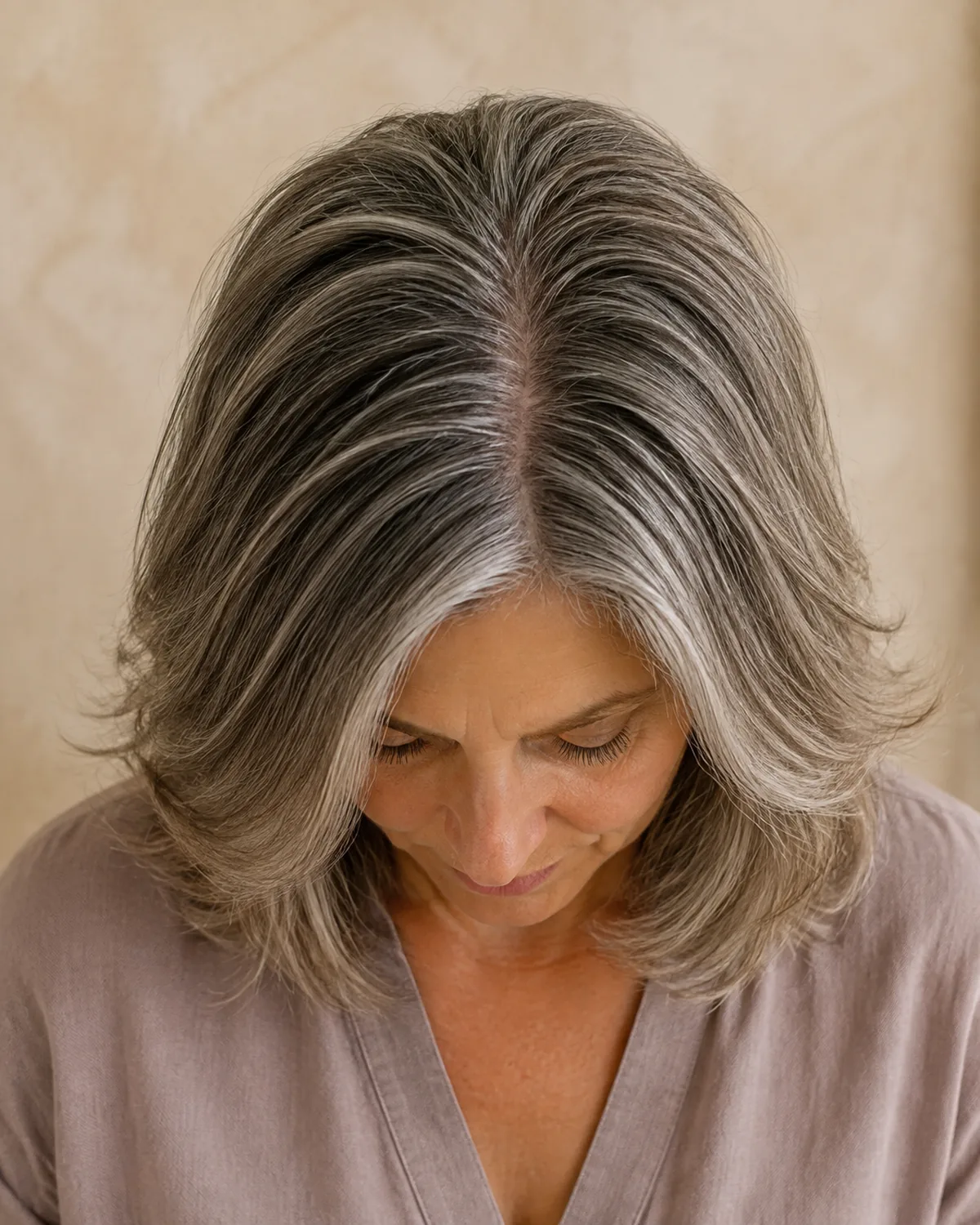 Top-down macro on the part line and root area of a mature woman's medium-length hair showing visible lift and volume at the crown