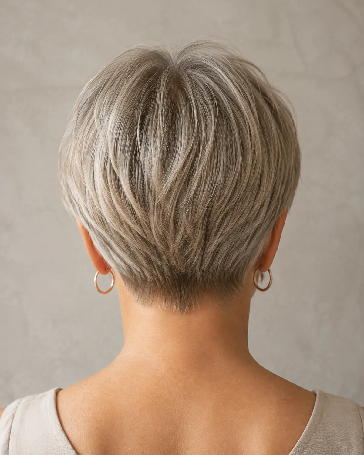 Close crop on the nape of a mature woman showing a shaped pixie grow-out, hair past the ears but not yet chin-length