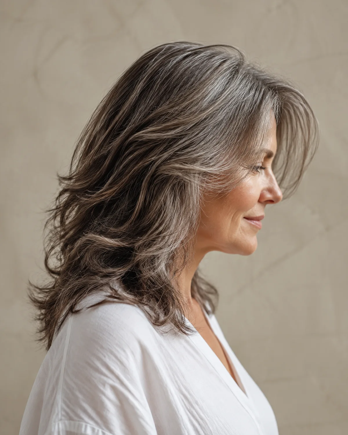 Full profile of a mature woman with dense wavy medium-length hair showing internal movement from razor cutting, the weight visibly reduced