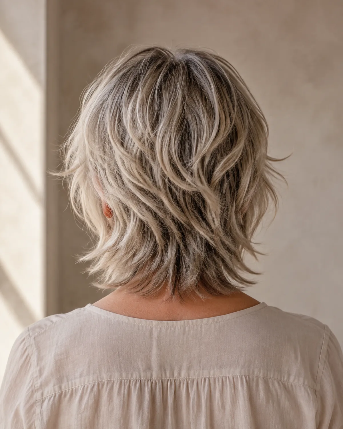 Back view of a mature woman with a textured shag, disconnected layers visible through the mid-lengths