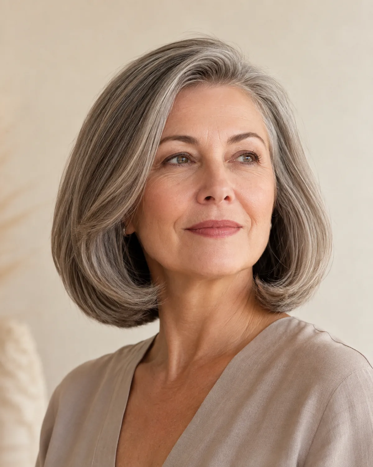 Mature woman in three-quarter view from slightly below, showing a round bouncy shoulder-length blowout bob with smooth turned-under ends