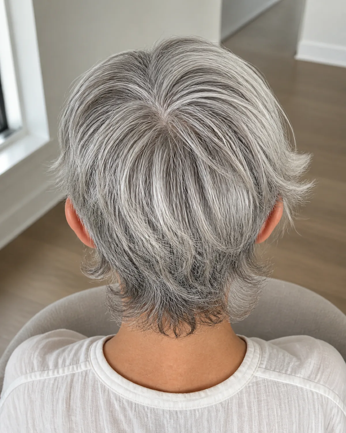 A woman in her late 50s with a grown-out pixie transitioning into shag territory, viewed from above with the crown toward the camera, platinum silver hair with uneven lengths past the ears and shorter at the nape