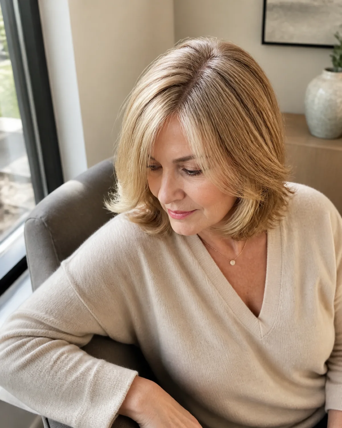 A woman in her late 50s seated, viewed from slightly above, warm honey-blonde hair with layers that curve outward at the jaw and collarbone, flipped ends visible on one side