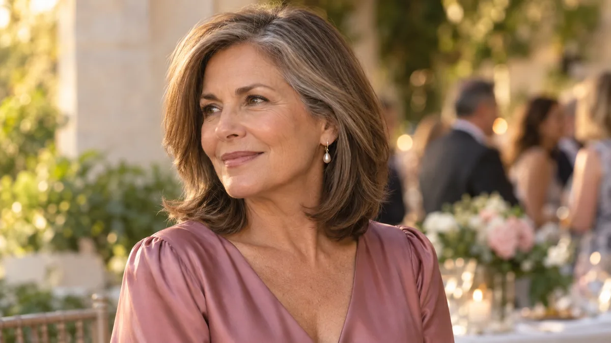 Mature woman with shoulder-length layered blowout at three-quarter turn, dusty-rose silk blouse, garden reception backdrop