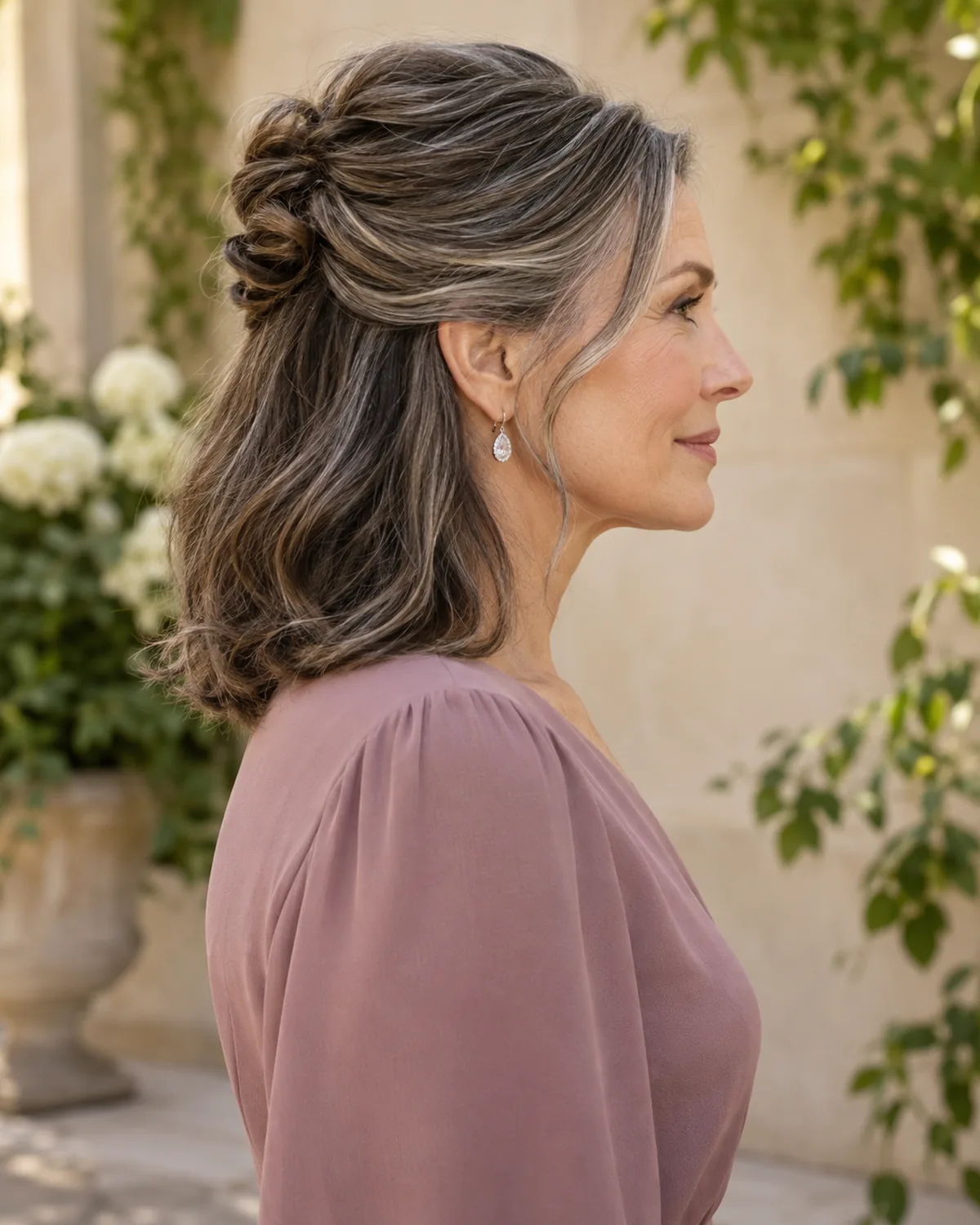 Profile view of mature woman with dark brown and silver hair in a half-up twist at the crown, loose lower half at shoulders, mauve blouse