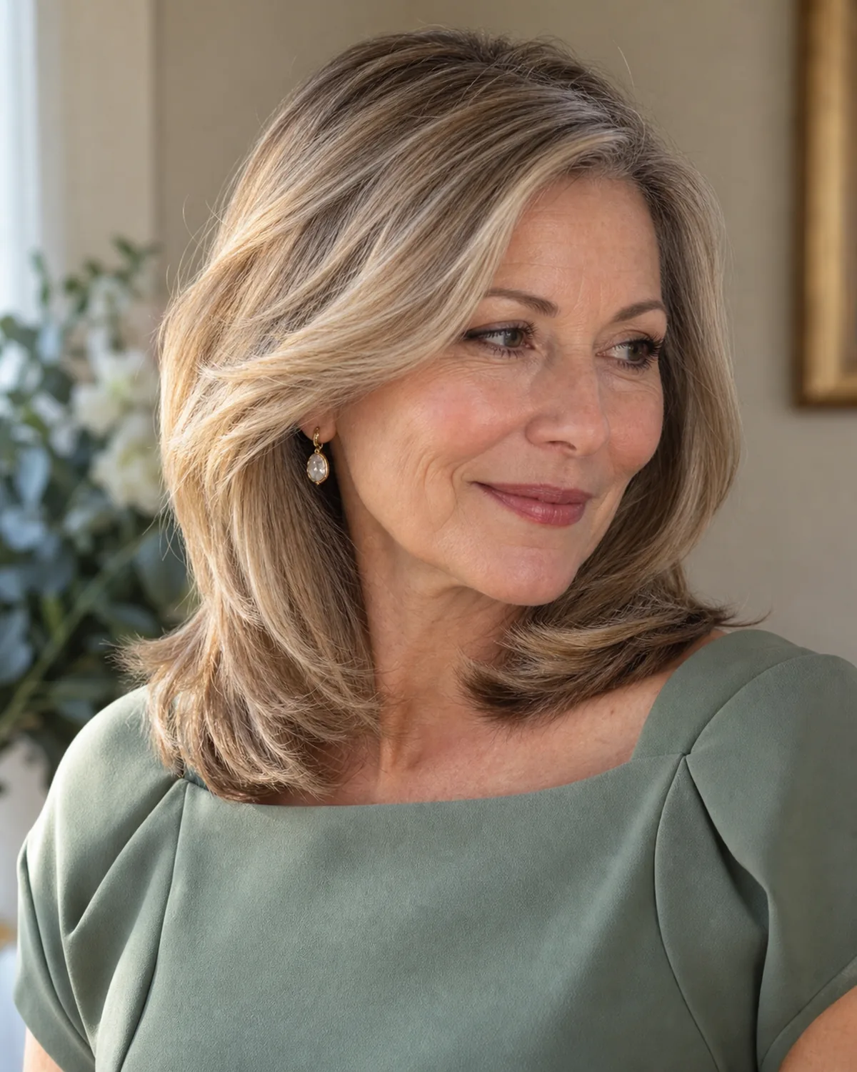 Three-quarter view of mature woman with shoulder-length layered blowout and side part, dark blonde with silver streaks, sage-green top
