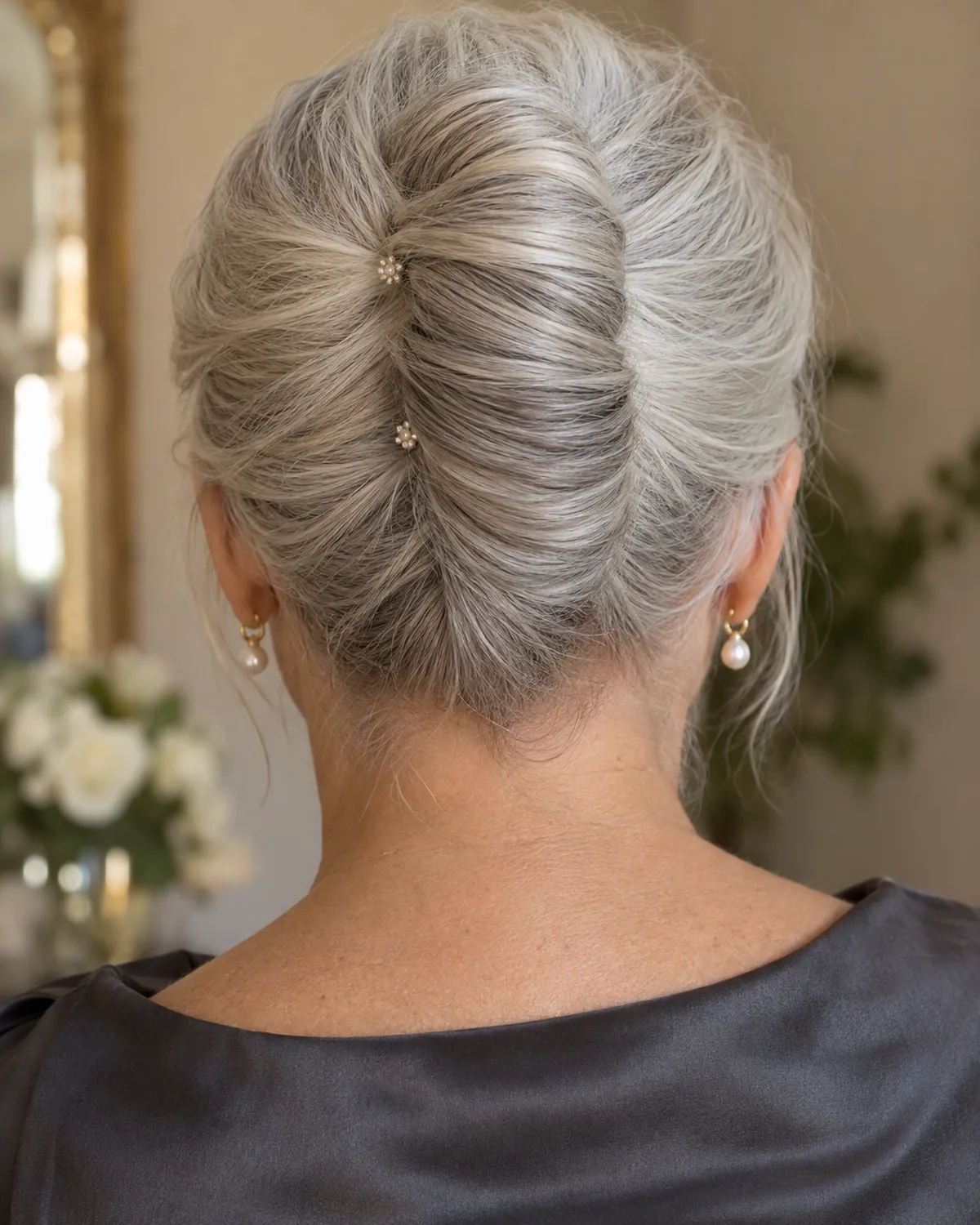 Close crop on nape and back of head of mature woman with silver-white hair in a soft French twist secured with small pearl pins, charcoal silk top