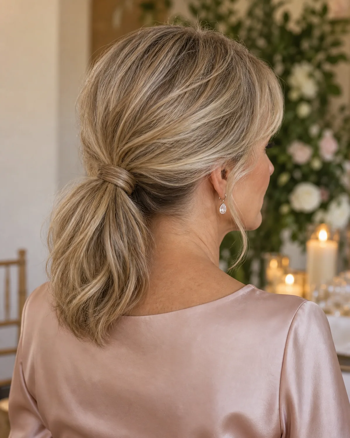 Back three-quarter view of mature woman with sandy blonde shoulder-length hair in a textured low ponytail with wrapped base, blush silk top