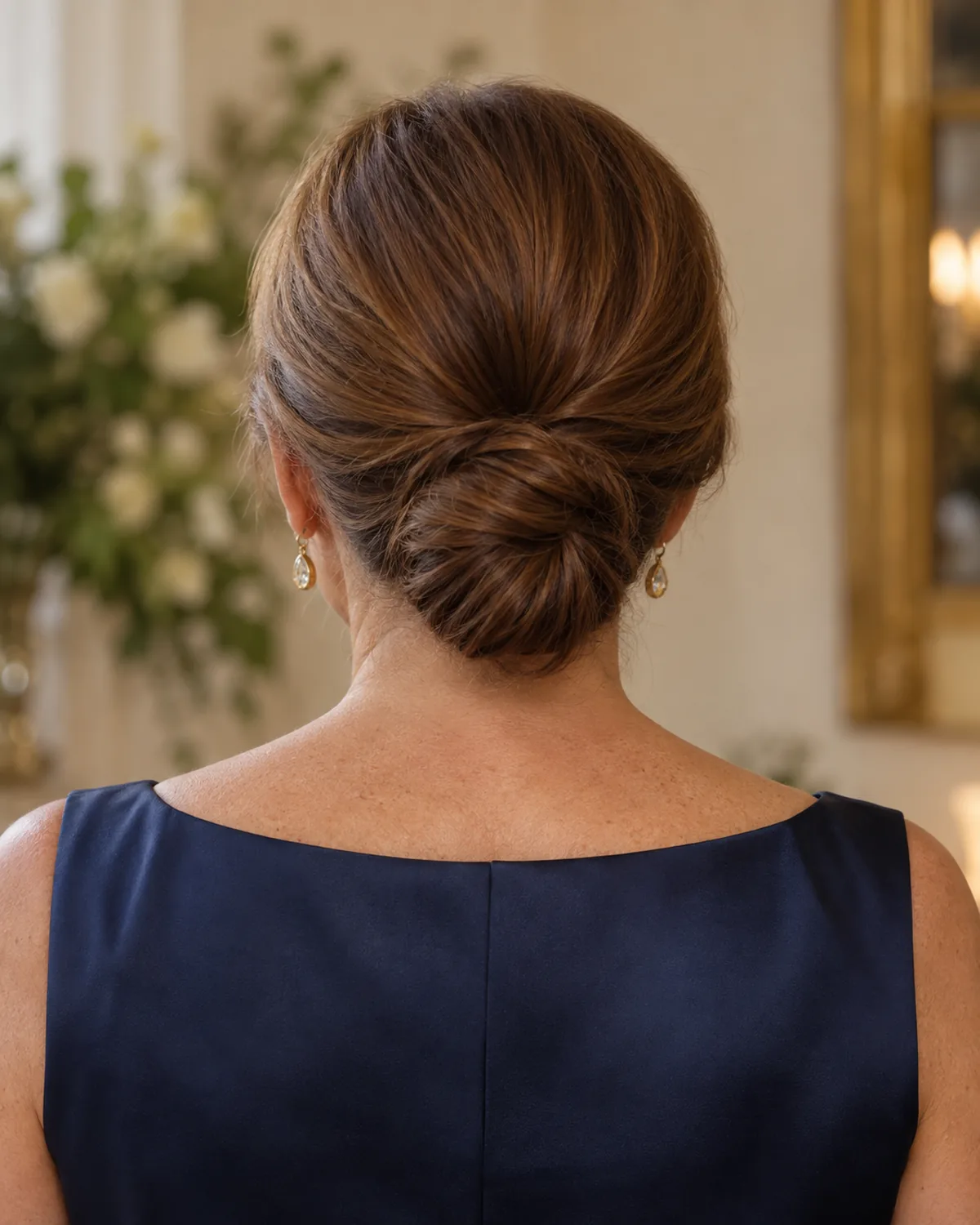 Back view of mature woman with chestnut-brown hair gathered into a compact low chignon at the nape, navy silk top, reception setting
