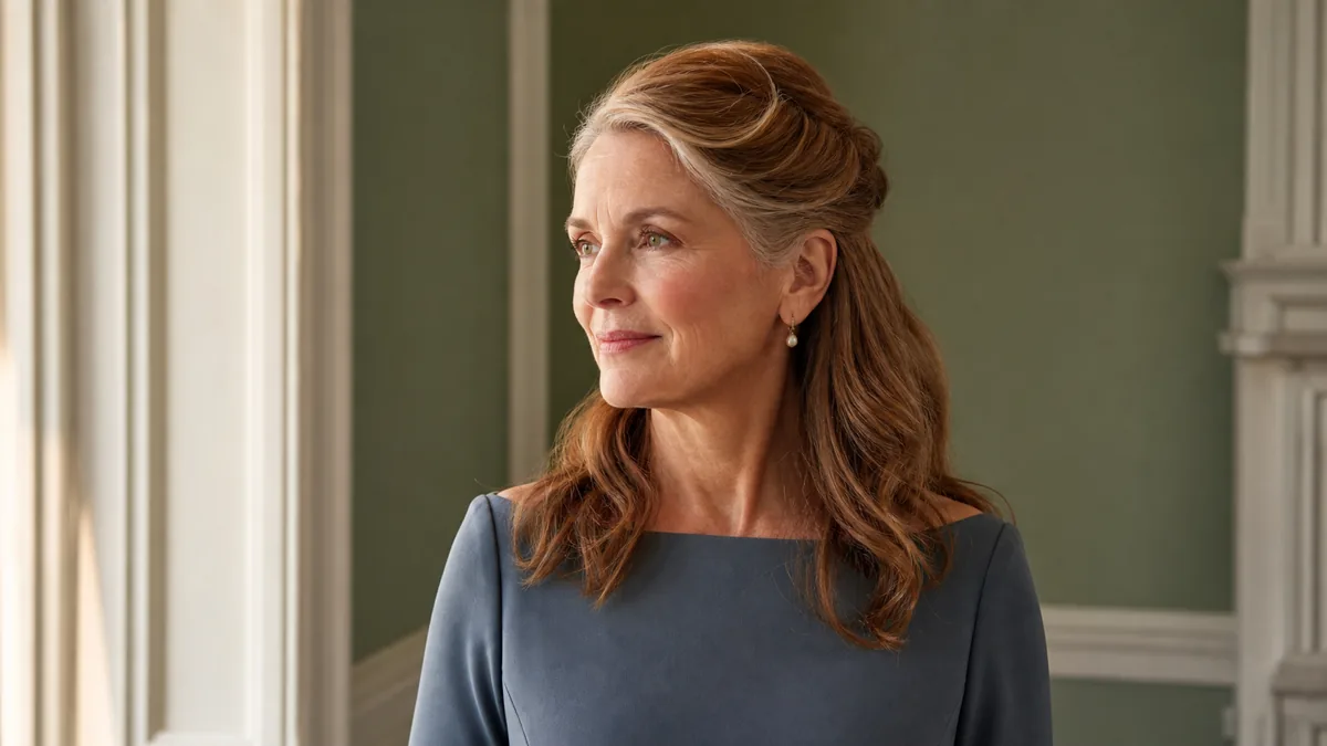 A woman with silver-streaked auburn hair in a half-up twist photographed three-quarter view, wearing a slate-blue dress with a boat neckline in a room with a sage-green wall
