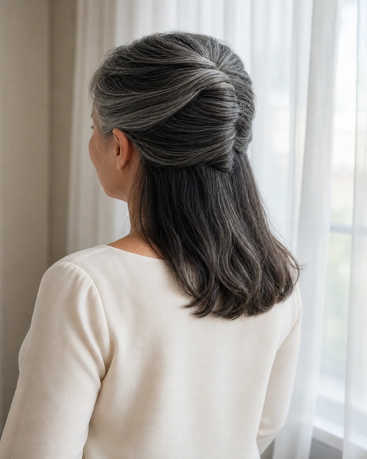 A back-three-quarter view of a woman with dark hair streaked with silver, the upper section rolled into a vertical French twist up the centre-back of her head while the lower section falls loose to her shoulder blades, wearing an ivory boat-neck blouse near a window with sheer white drapes