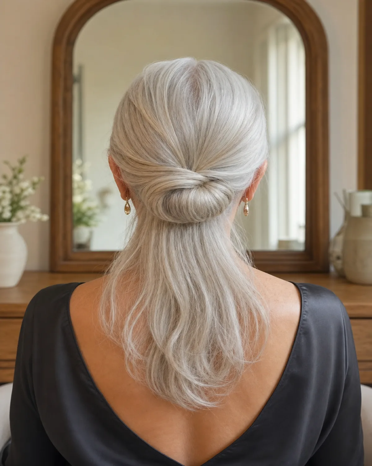 The back of a woman with silver-white hair in a low chignon at the nape, the upper section gathered into a wide flat knot while the lower section falls free to mid-back, wearing a charcoal silk top in front of an oak-framed vanity mirror
