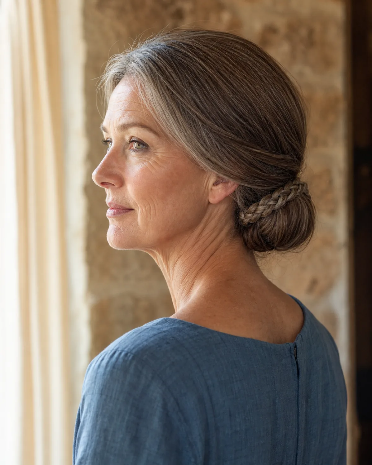 Three-quarter view from slightly below of a woman with brown and silver hair in a chignon at the nape with a single braid wrapping around the base, wearing a dusty-blue linen dress