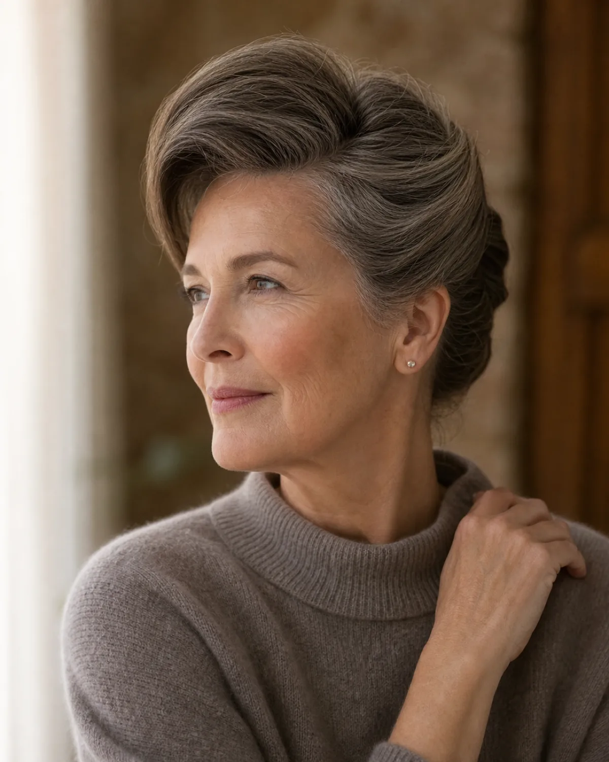 Three-quarter view of a woman with thick grey-brown hair in a French twist variation starting from a deep side part, more volume on the heavier side of the part, wearing a warm-grey cashmere sweater