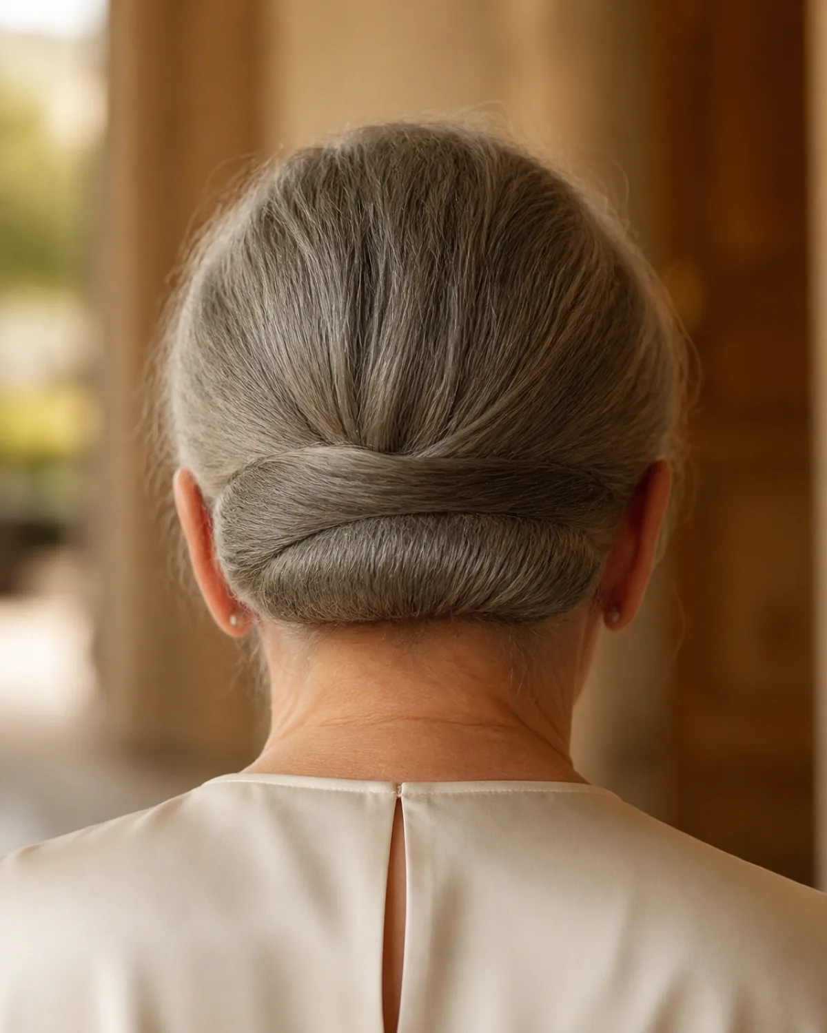 Close crop of the nape showing a Gibson tuck, grey hair rolled under in a distinct horizontal ridge above the nape, hair tucked smoothly into itself, cream silk blouse visible below