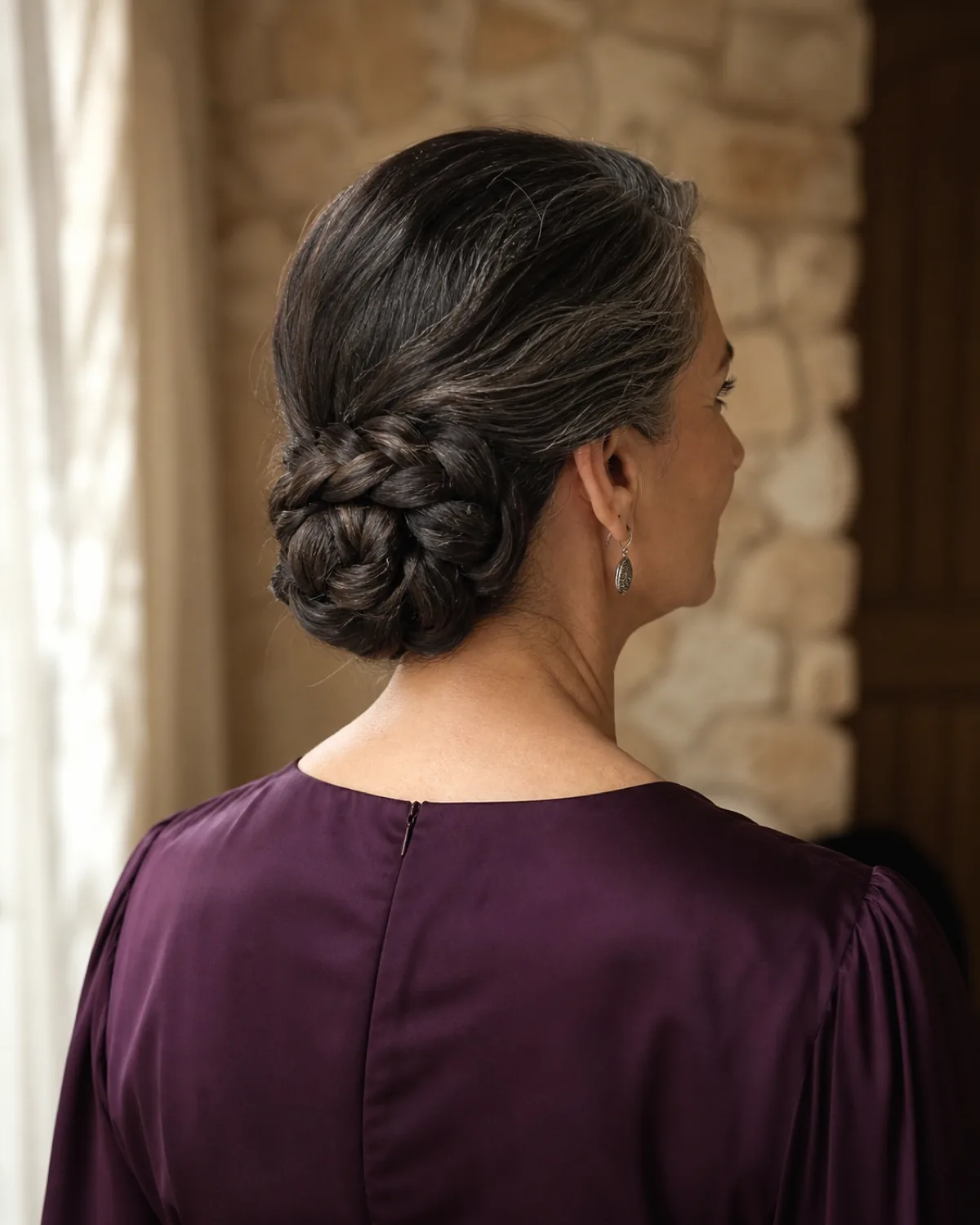 Back-three-quarter view of a woman with thick dark silver-streaked hair in a low braided bun at the nape, the three-strand braid pattern visible in the coiled shape, wearing a deep-plum silk dress