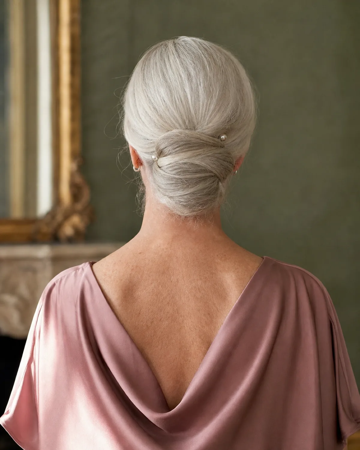 Back view of a woman with silver-white hair in a low chignon at the nape, the wide flat knot pinned against the nape with two pearl pins, wearing a dusty-rose silk blouse against a sage wall