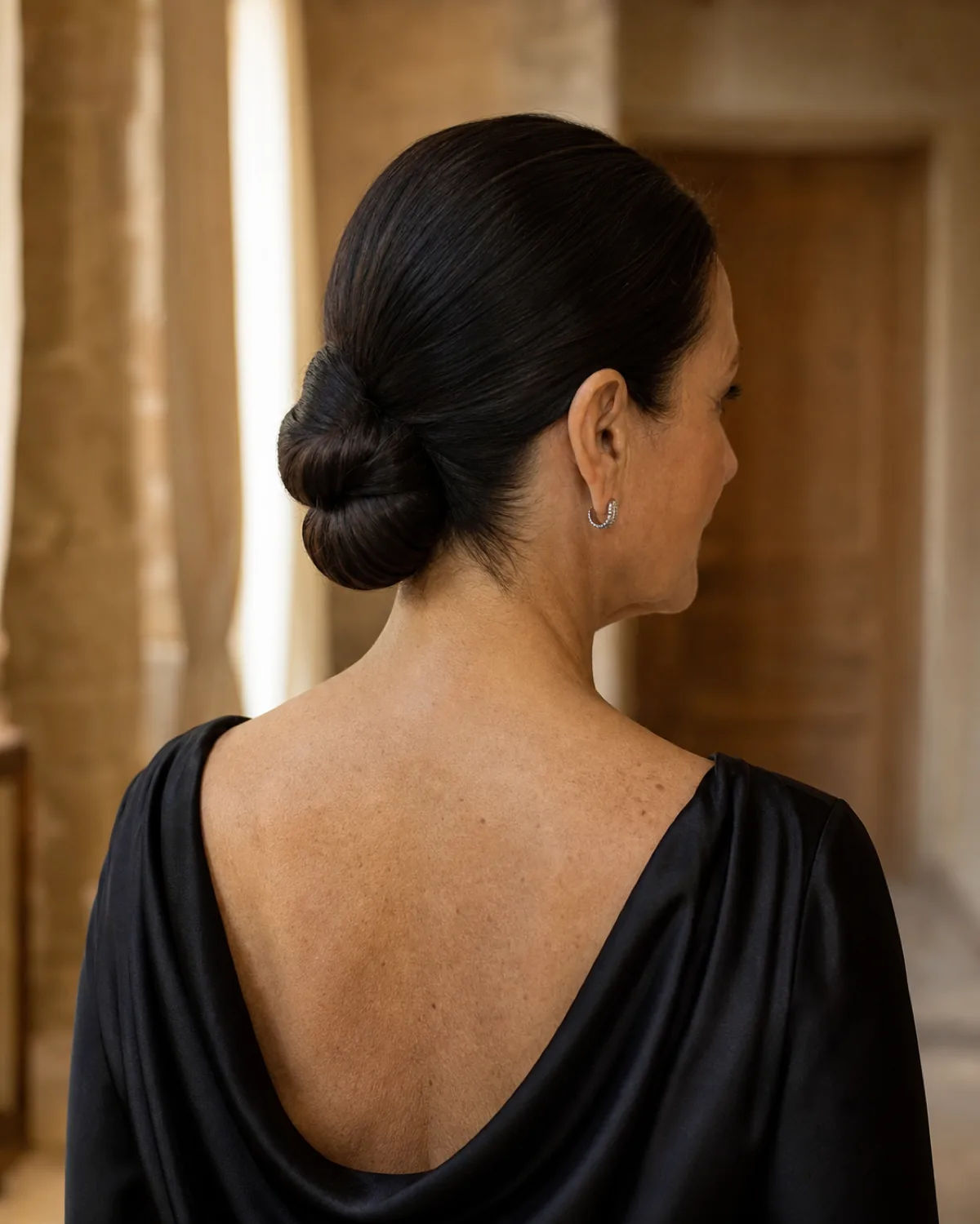 Back-three-quarter view of a woman with dark hair swept smoothly back from the temples into a tight compact chignon at the nape, sleek line from temple to nape, wearing a black silk draped-back dress