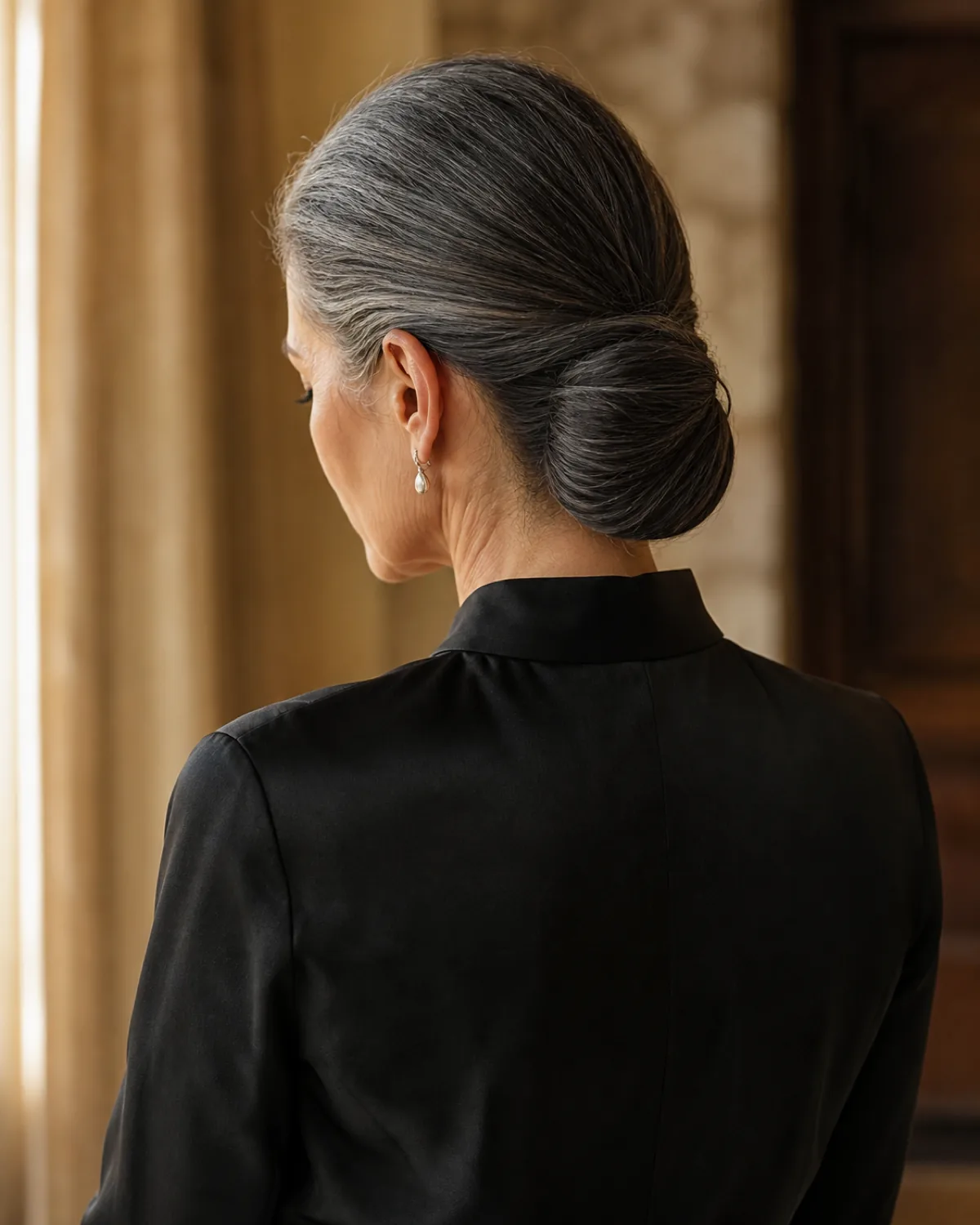 Over-the-shoulder view of a woman with straight grey hair in a sleek low ponytail tucked under, the folded shape creating a smooth oblong at the nape, wearing a black silk mandarin-collar blouse