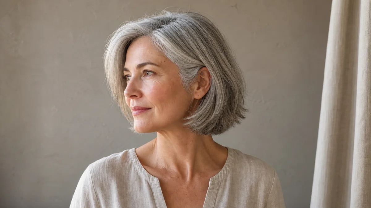 A woman with natural silver-grey hair in a chin-length layered bob turned three-quarters to the left, warm diffused window light catching individual strands against a taupe wall