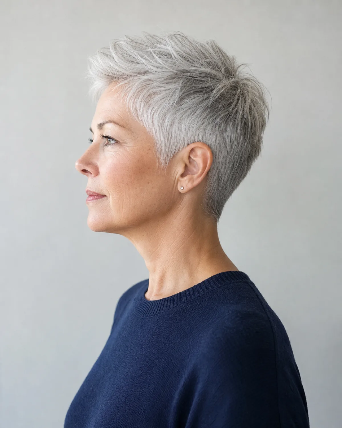 A full profile of a woman with a silver-white pixie cut, the top section swept up with natural volume while the sides are cropped close over the ear, wearing a dark navy knit against a pale grey wall