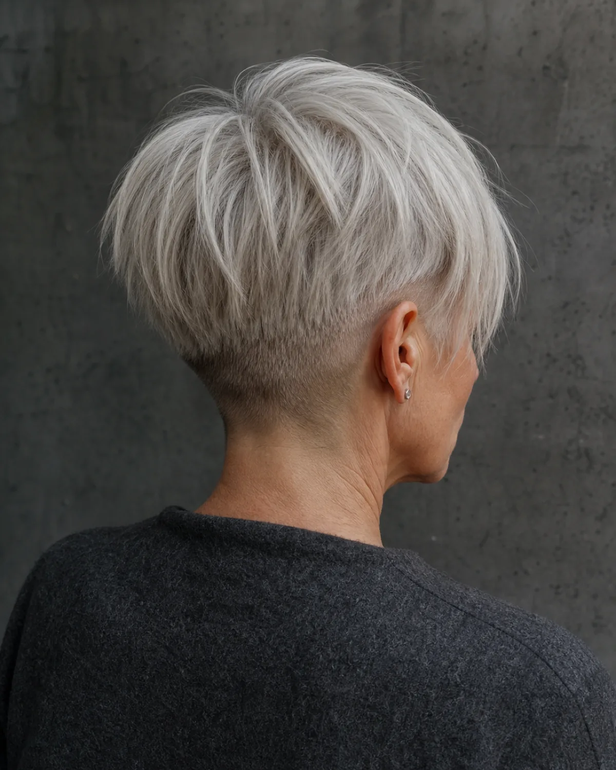 Back three-quarter view of a woman in her late 50s with fine platinum-grey hair in a disconnected pixie, showing the sharp contrast between buzzed tapered sides and a dramatically longer crown, overcast light against a slate-grey wall