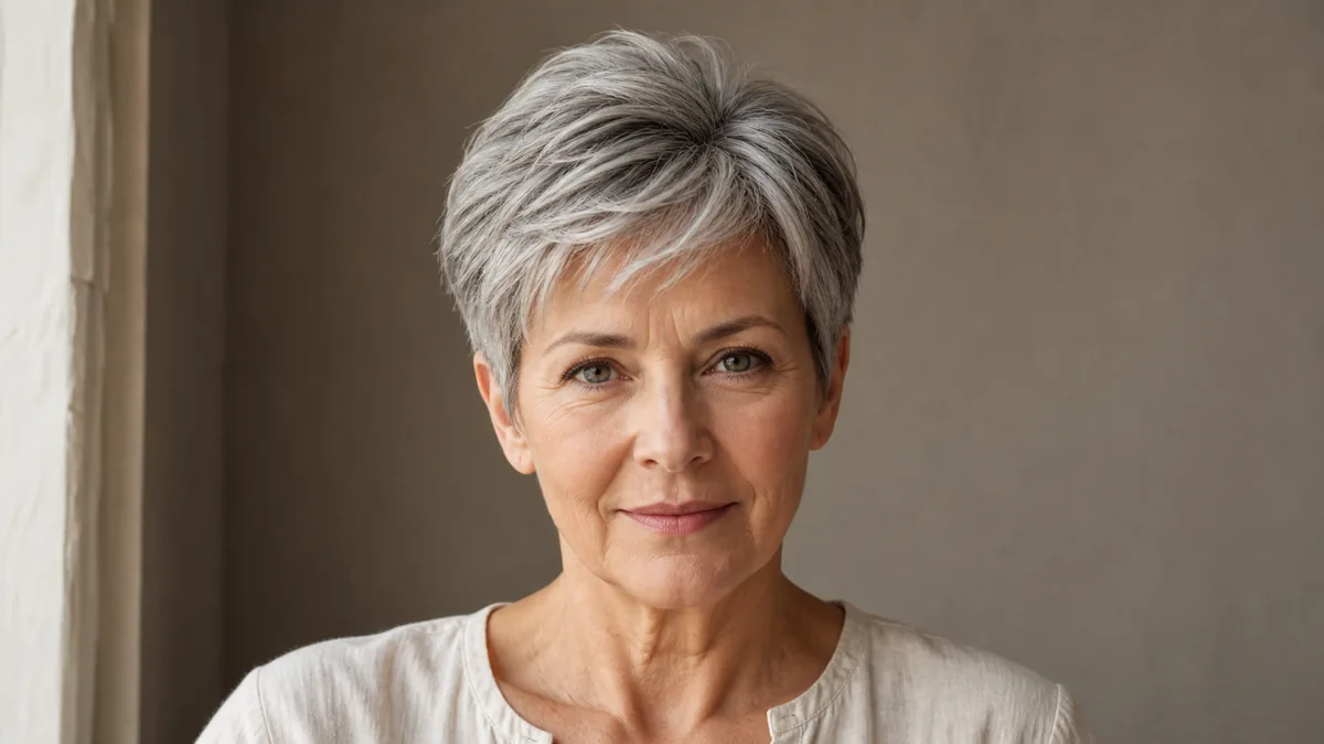 A woman in her late 50s with fine silver-streaked hair in a classic tapered pixie cut, facing the camera with soft focus on features and hair in sharp focus, warm window light against a taupe wall