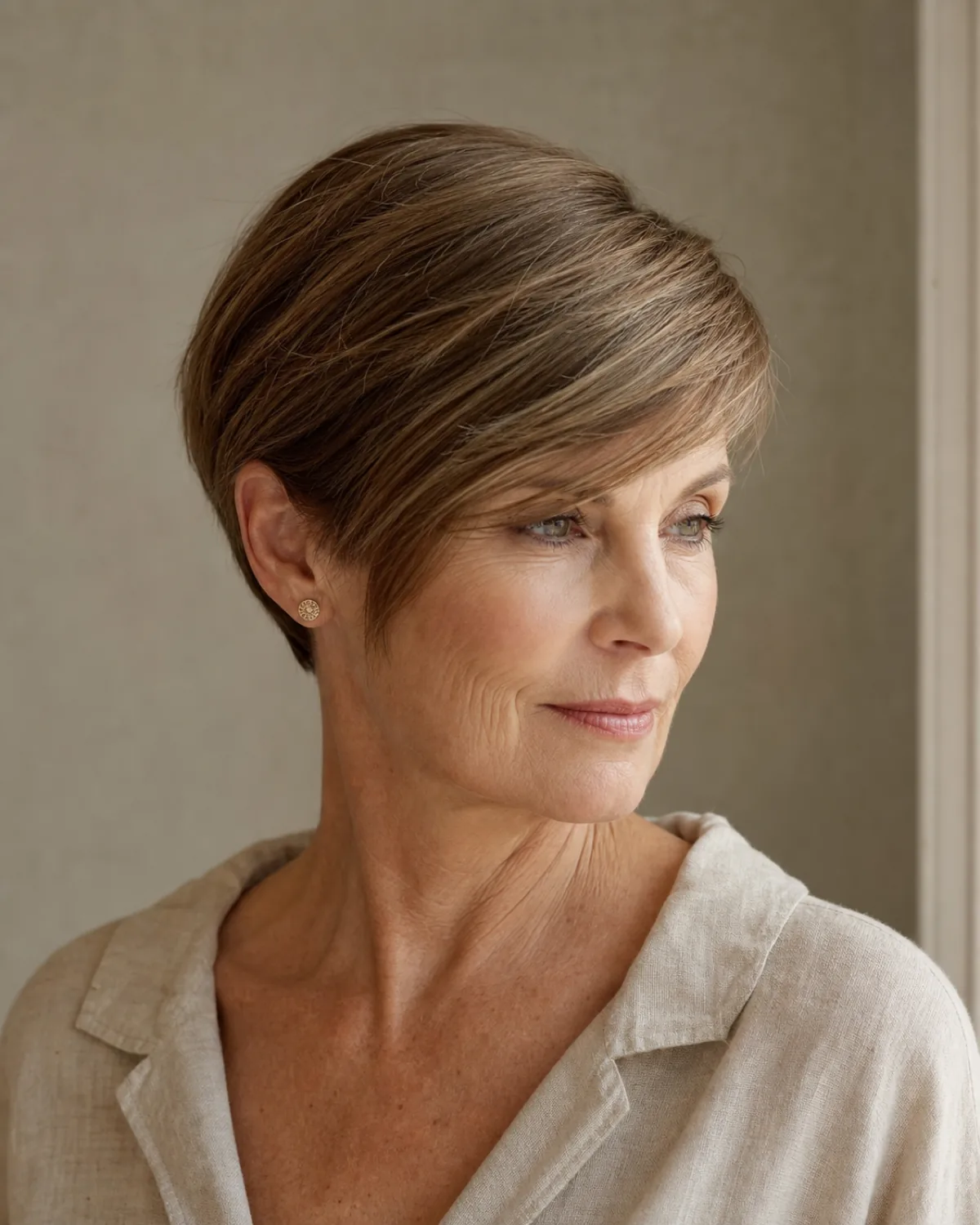 A woman in her late 50s with fine light-brown hair in a side-swept pixie, turned three-quarters to the right showing a long diagonal fringe sweeping across the forehead from a deep side part, window light against a taupe wall