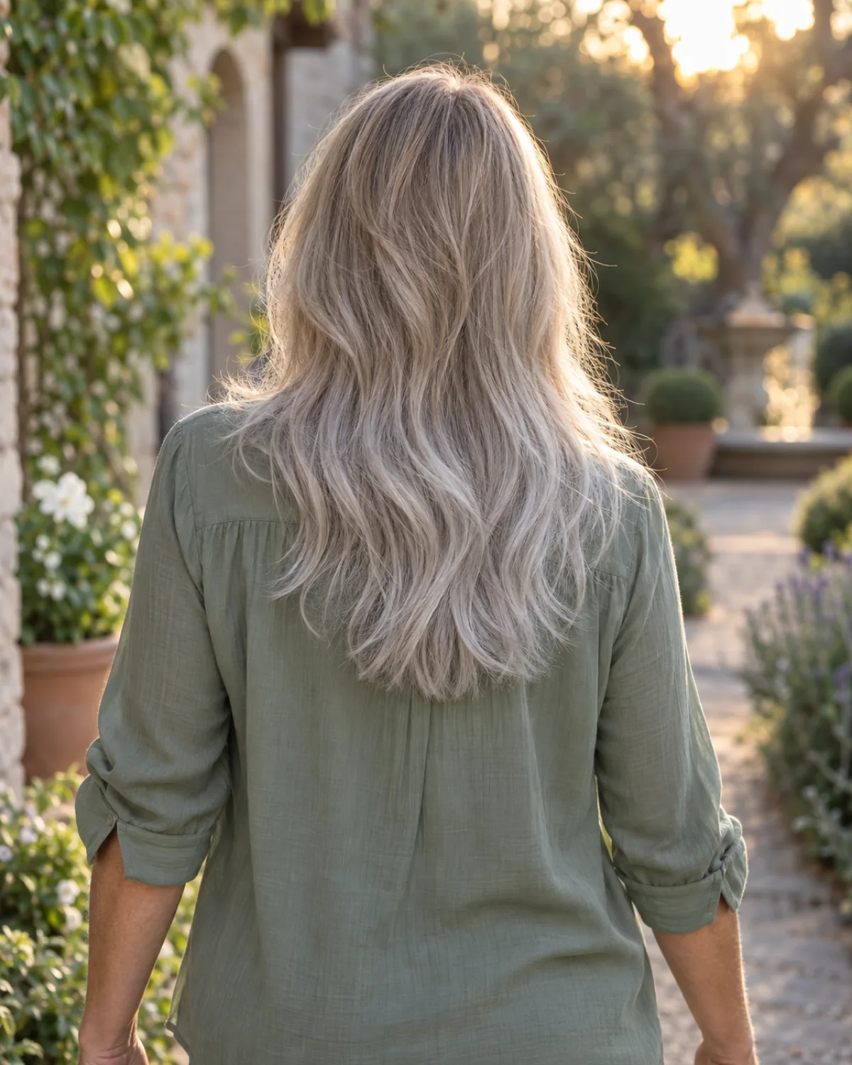 Walking-away back view of mature woman with ash-blonde roots transitioning to silver midshaft and ends, sage blouse, warm rim light