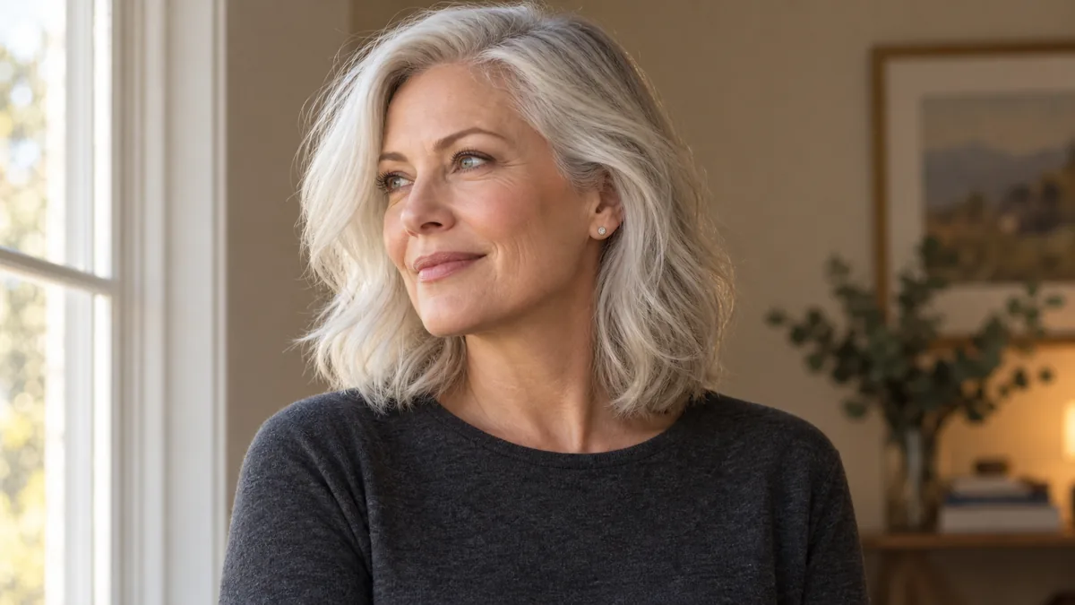 Mature woman with luminous platinum-silver shoulder-length hair at three-quarter turn, charcoal top, warm afternoon light