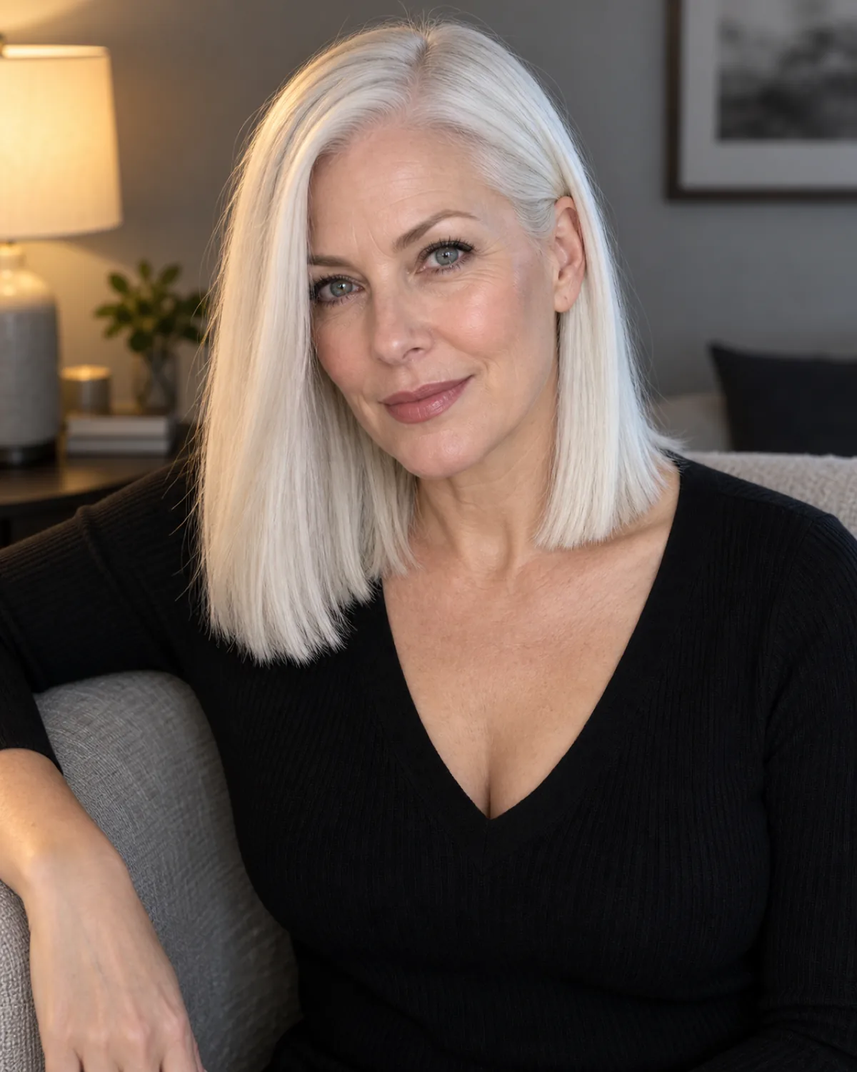 Seated mature woman with icy platinum straight hair in blunt collarbone cut, hair falling forward over shoulder, black V-neck top