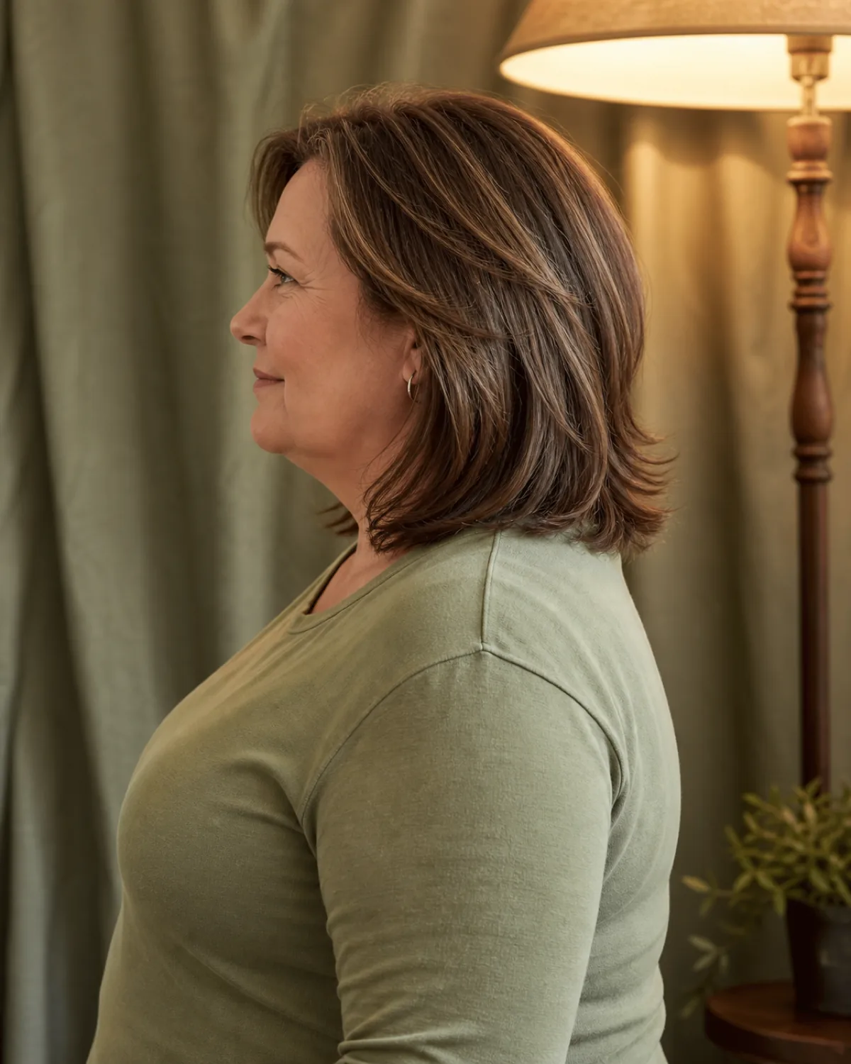 A woman over 50 with a fuller build in full profile, medium-brown layered hair falling from the chin to the collarbone, sage-green top, warm lamp light with a linen drape behind