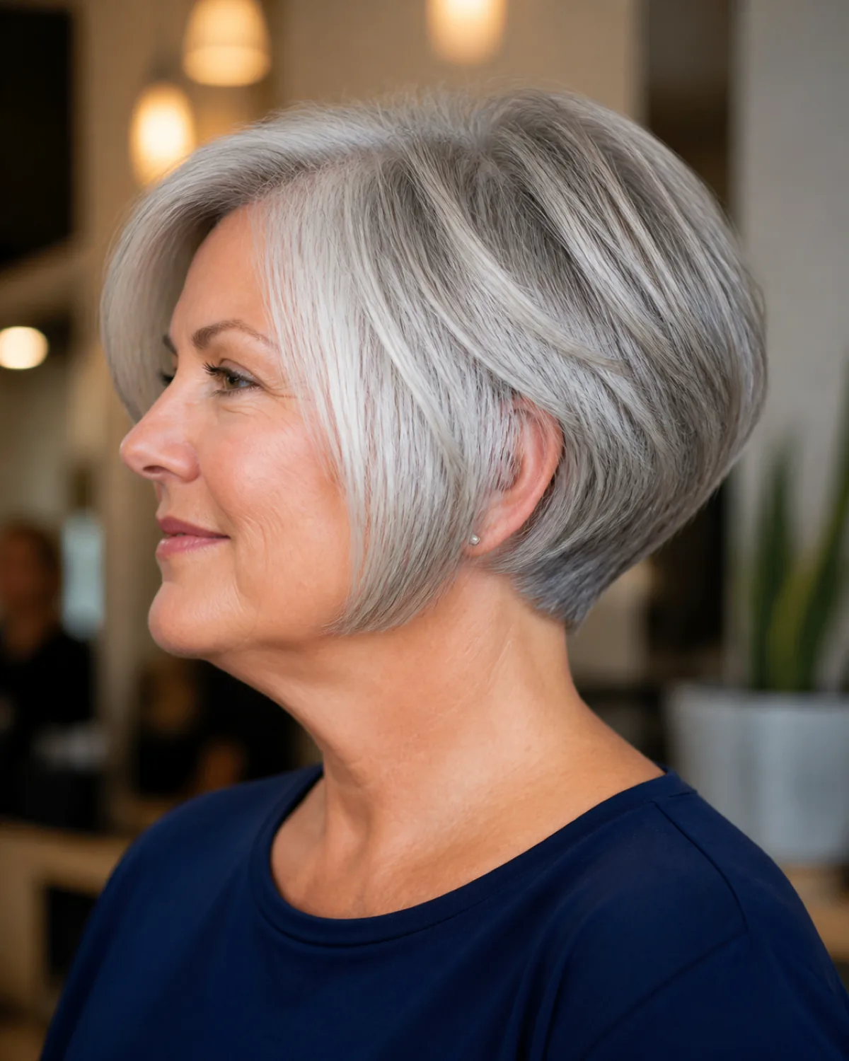 A woman over 50 with a fuller build and a round face in left profile with chin raised, silver-grey stacked short bob with graduated layers building outward volume at the nape and longer front pieces sweeping toward the chin, navy crew-neck top, blurred salon interior