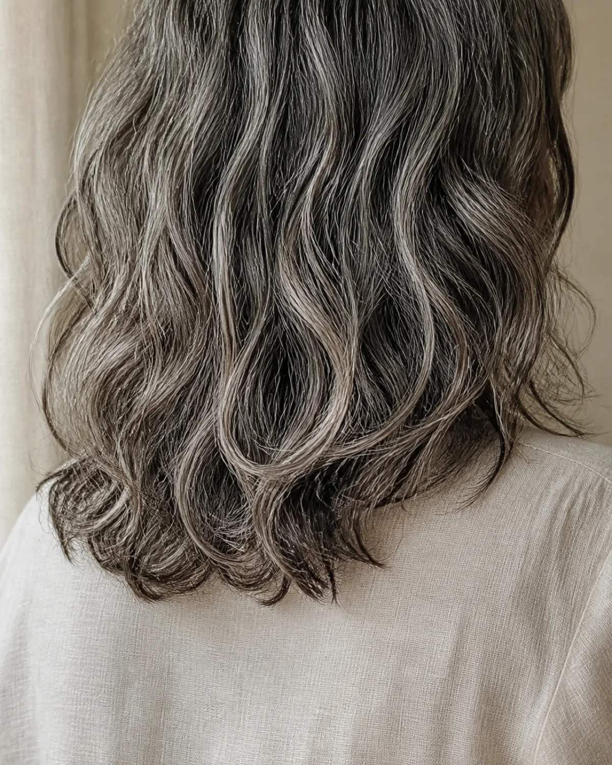 Close crop of the back of a woman's head showing shoulder-length wavy dark-and-silver hair air-dried with natural irregular wave pattern, individual strands visible at the tips