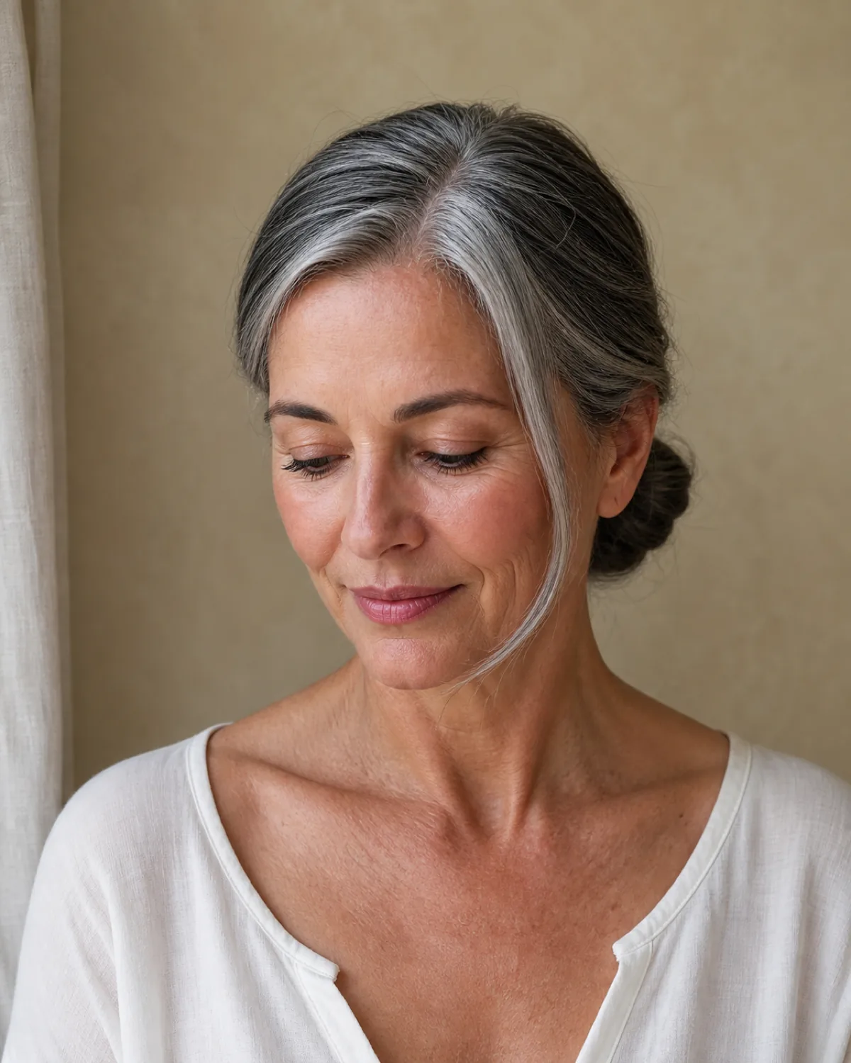 Front view of a mature woman with dark hair threaded with silver gathered in a low bun at the nape, eyes downcast, one face-framing strand released along the face