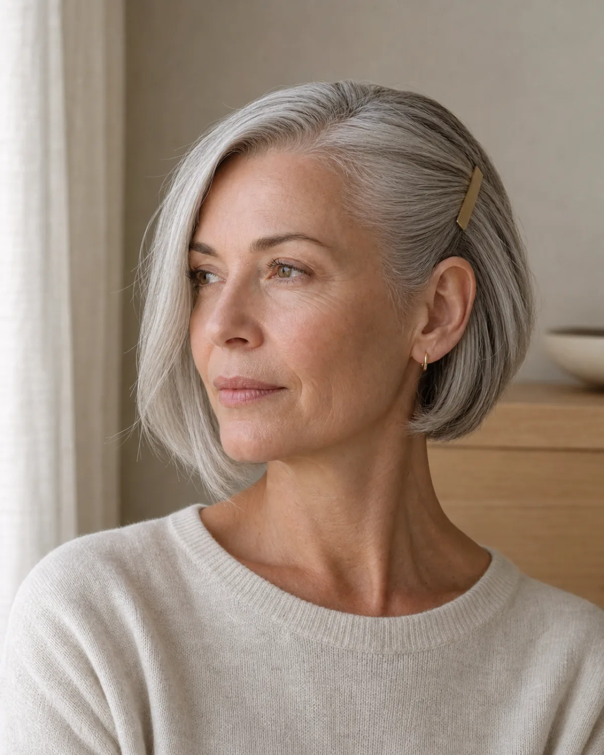 Three-quarter view of a mature woman with silver chin-length hair, one side swept back behind the ear with a flat gold clip, the other side falling forward along the face