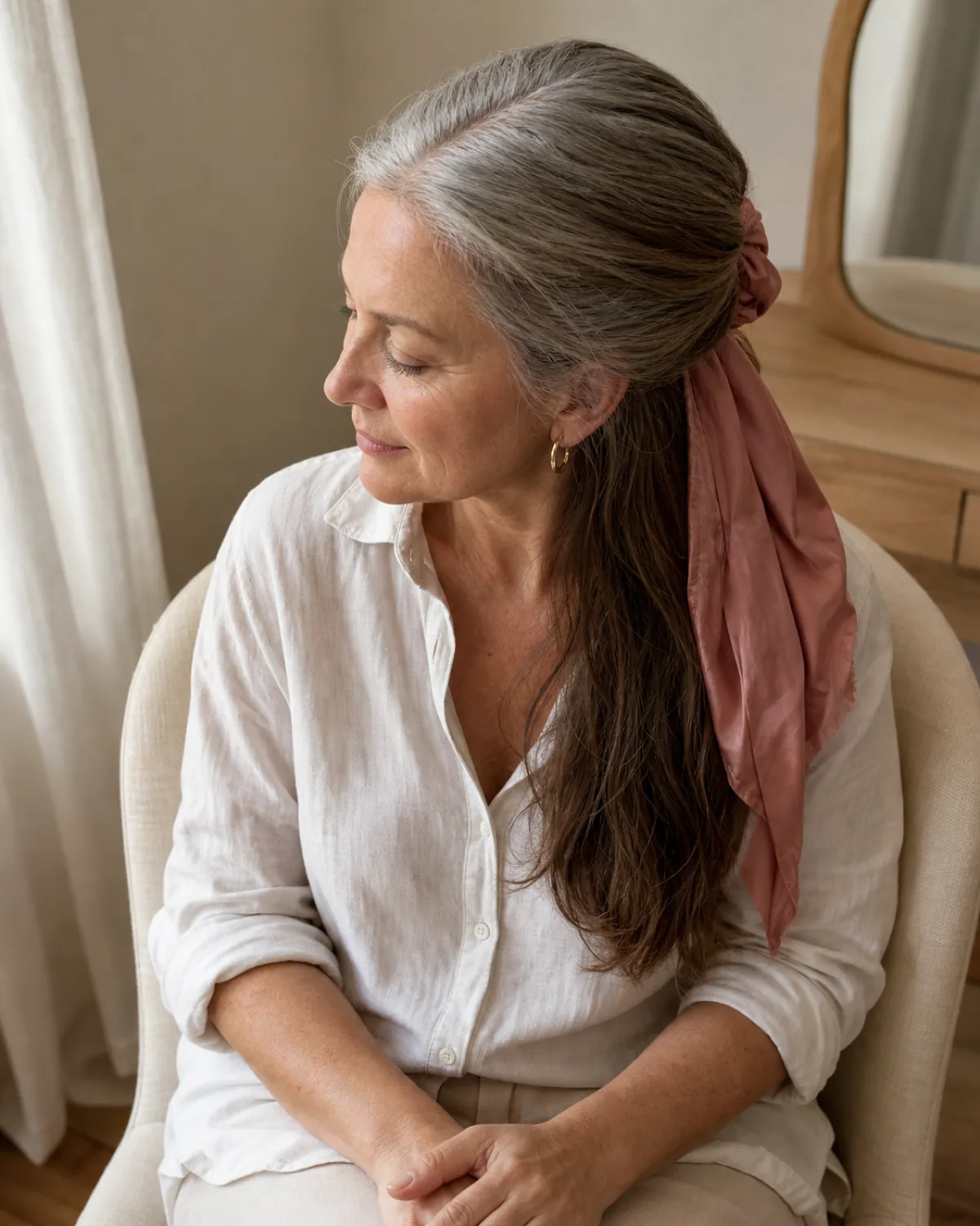 Elevated view of a mature woman seated, hair twisted at the back and wrapped with a dusty-rose silk scarf, silver roots transitioning to darker ends visible above the scarf