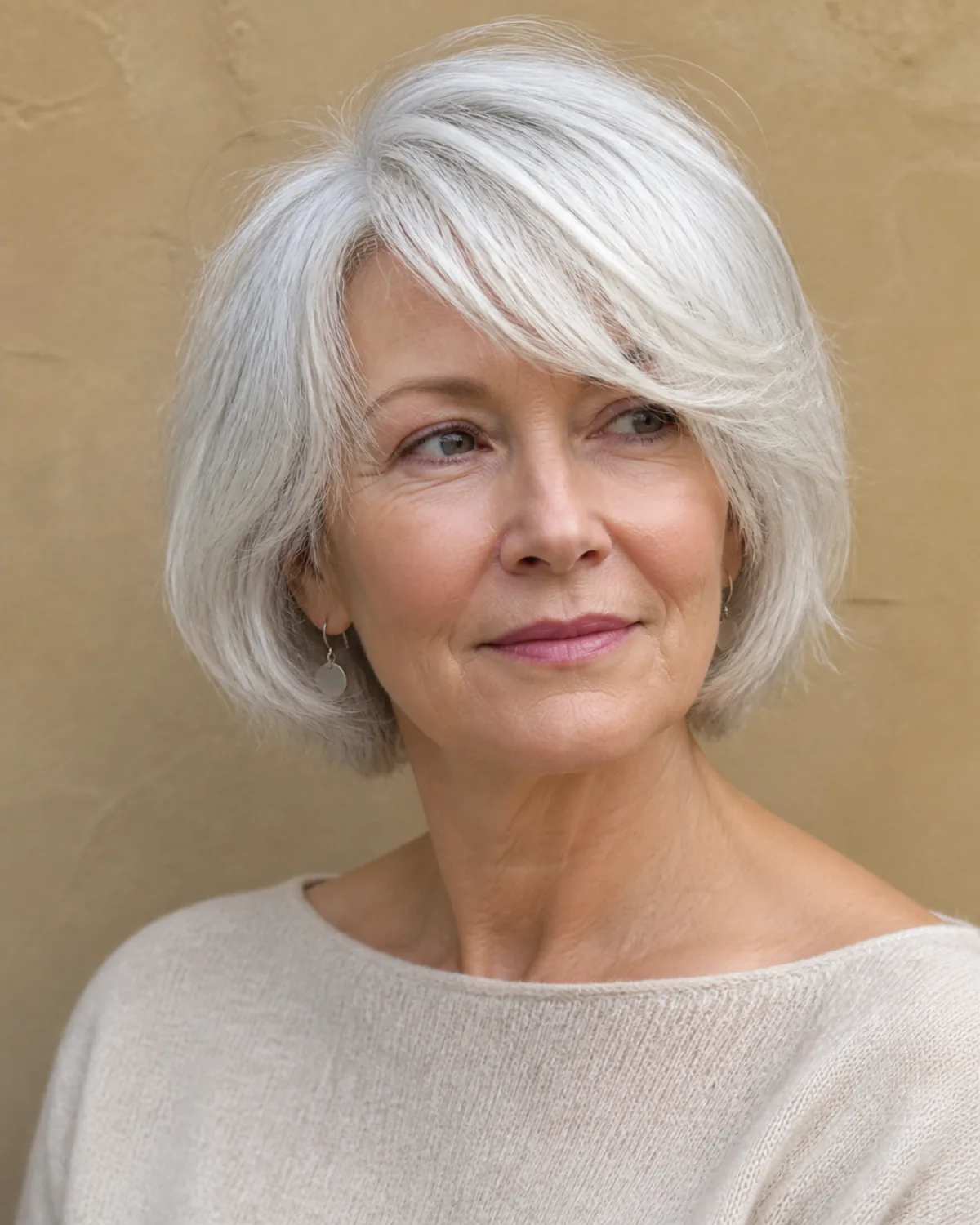 A woman in her late 50s with fine silver-white hair in a shag with side-swept bangs sweeping across the forehead, three-quarter view with chin slightly down, sand-colored textured wall