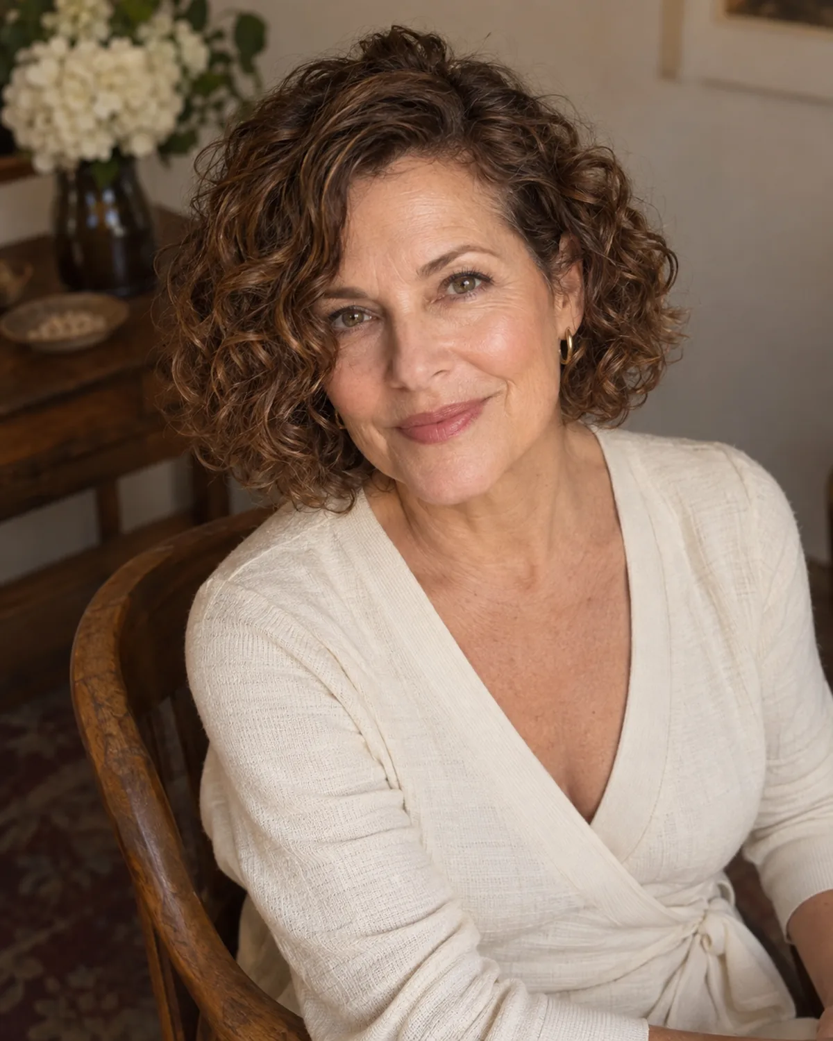 Seated mature woman with chestnut loose spiral curls, hair falling forward over one shoulder, dry length landing at the chin