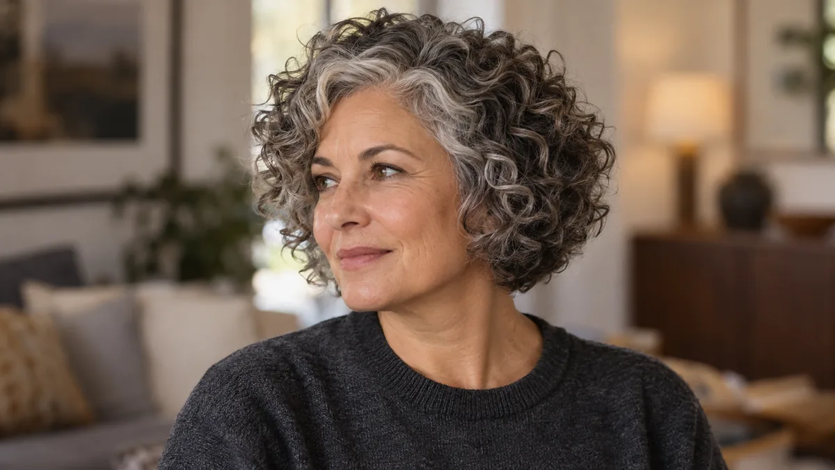 Mature woman with short silver-streaked curly hair at three-quarter turn, defined springy curls at jawline, charcoal top