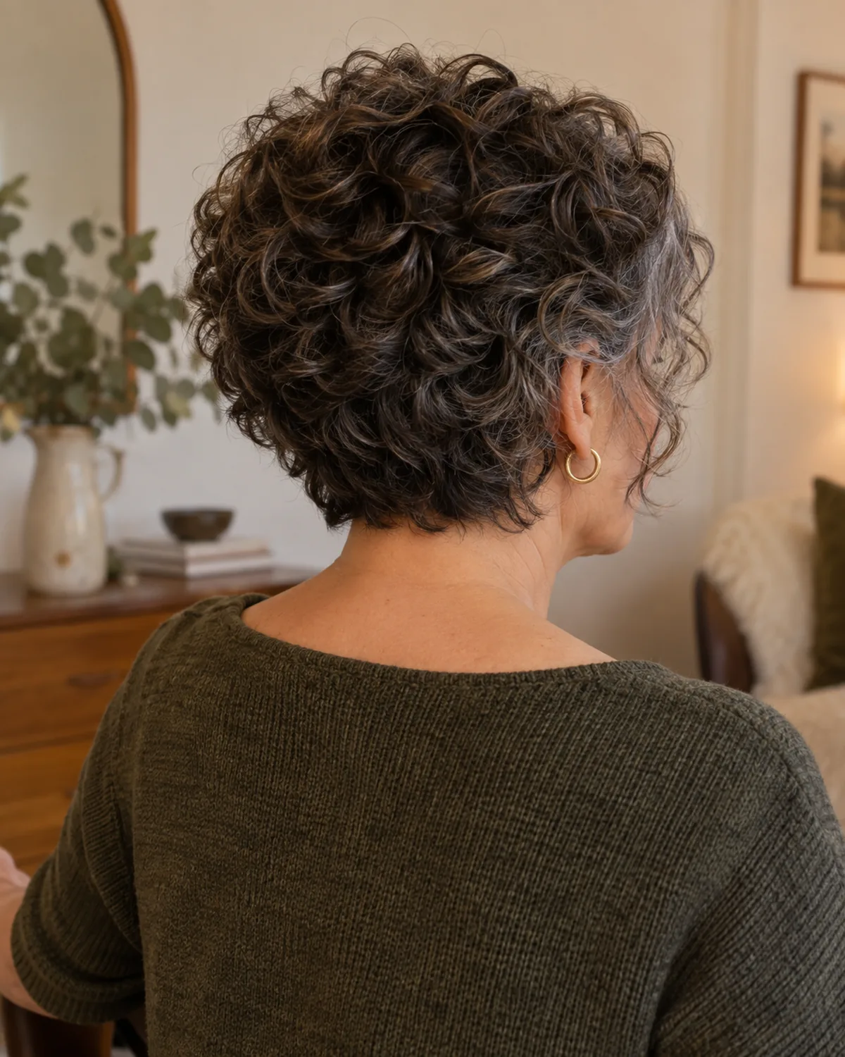 Back-three-quarter view of mature woman with dark curly wedge cut, graduated back stacking curls for volume, longer front at the jaw