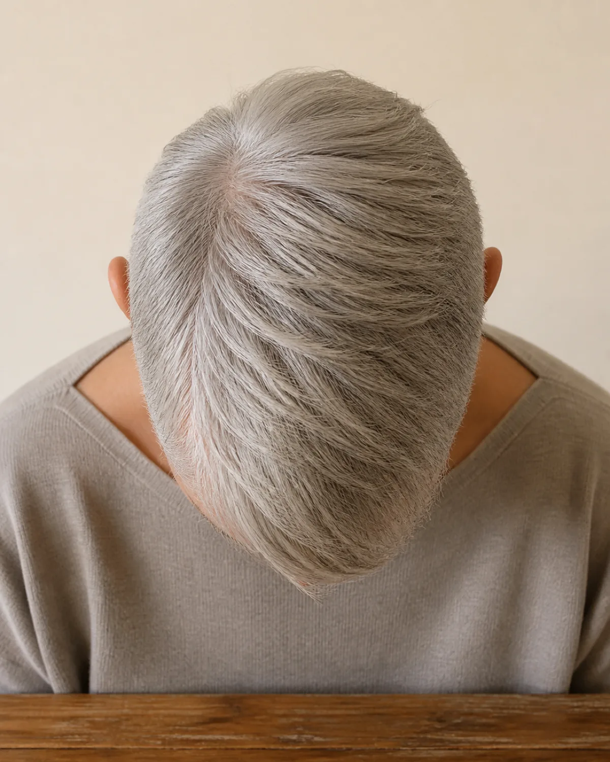 Top-down view of a woman's head showing a grey pixie with longer silver hair at the crown draping forward, shorter sides visible, fine silver strands with a single natural part line