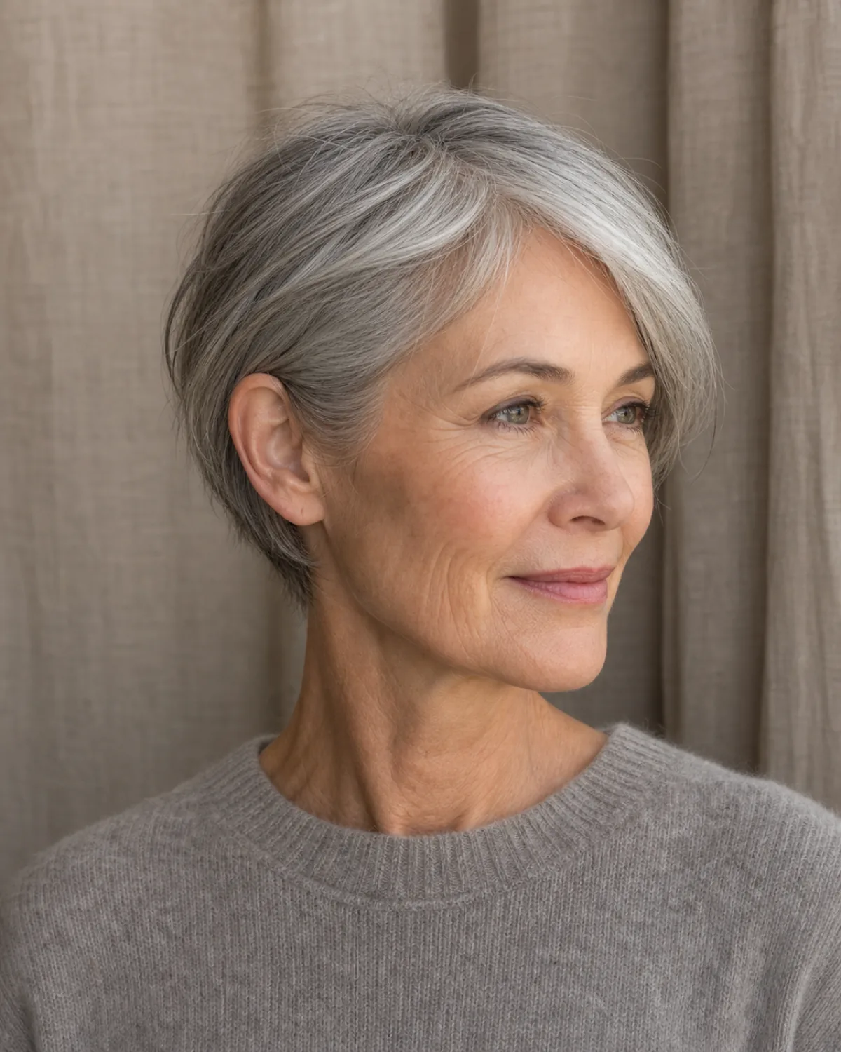 A woman in her early 60s with a soft grey pixie tucked behind one ear, three-quarter right view showing the tucked ear and hair staying neatly in place, silver-grey straight-to-wavy hair, grey cashmere sweater